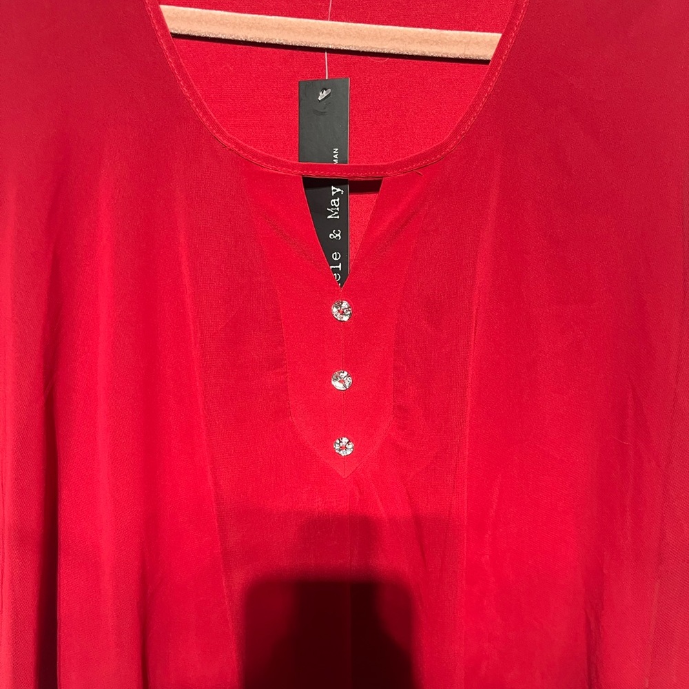 ADELE & MAY TOP W/RHINESTONE BUTTONS/SHEER WOMEN 1X RED FLOWY FAIRY FEMININE‎ - Picture 3 of 7